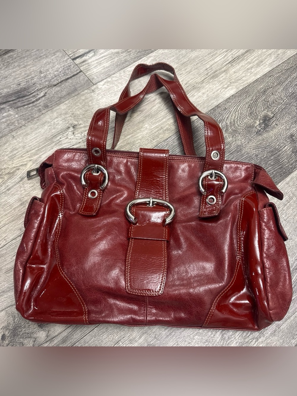 Francesco Biasia Deep Red Leather Shoulder Bag with Silver Hardware